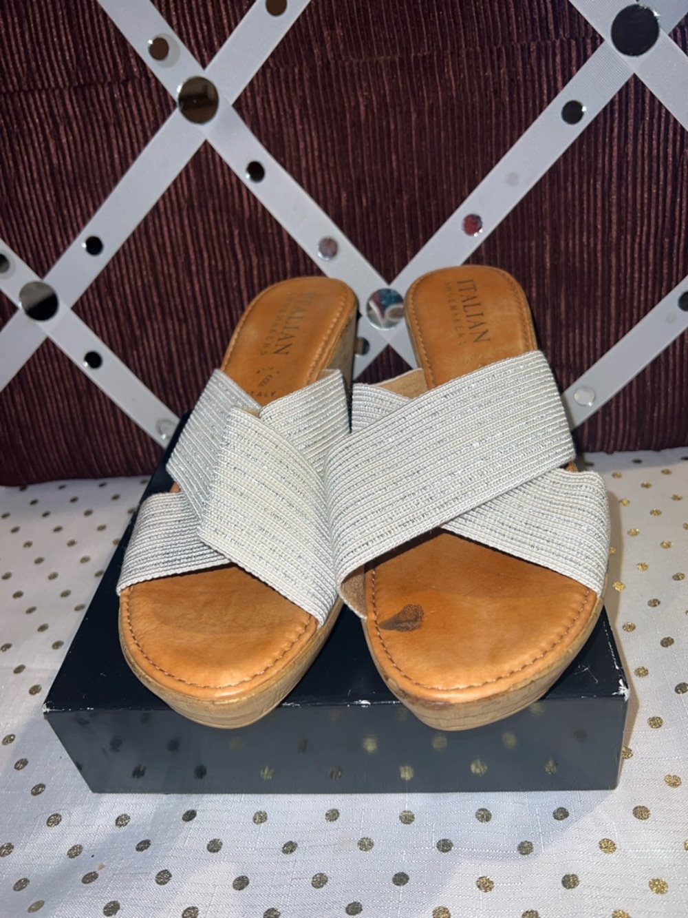 Italian shoes makers Women's Silver Elastic Crossband Slide Sandals